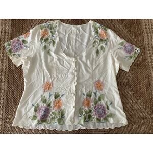 Vtg. Sue Brett Cream Button Front Blouse Floral Cutouts SZ AB